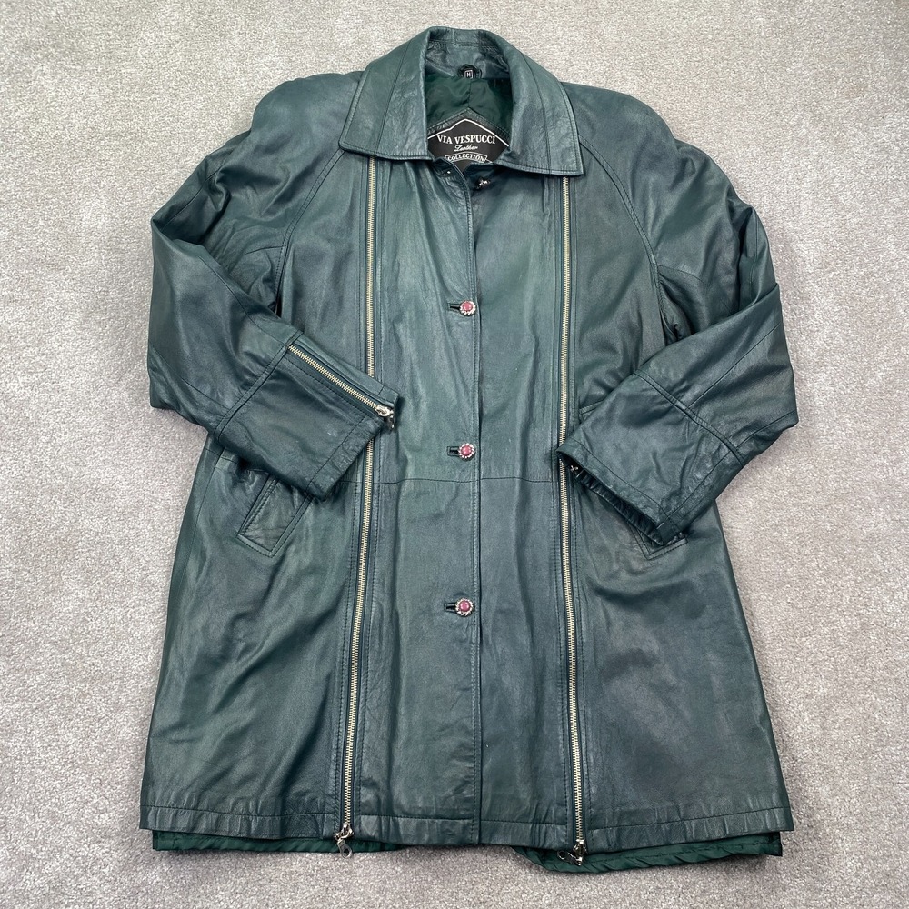 Via Vespucci Collection Long Leather Coat Womens Size M Green Zipper Long Sleeve